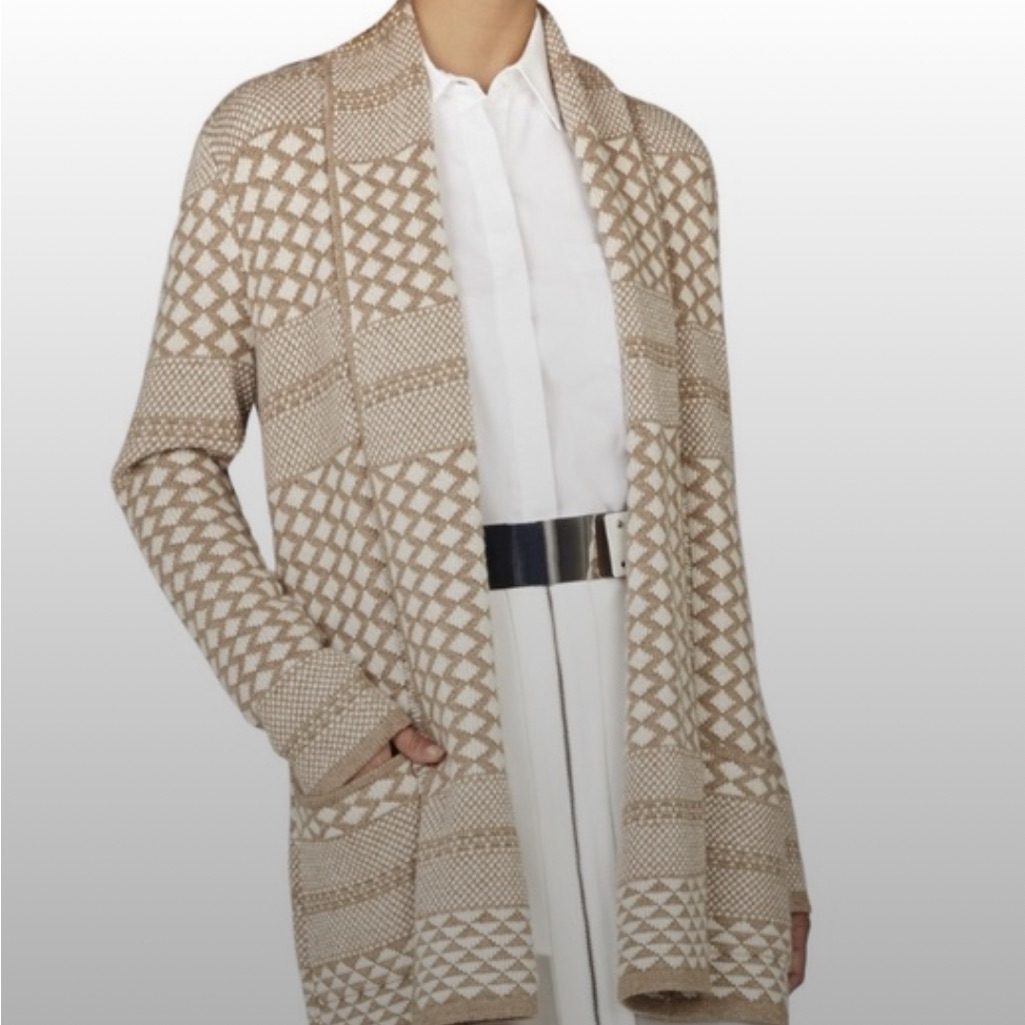 Bcbgmaxazria Beige Shadia Jacquard Geometric Cardigan Shawl Boho Cozy Sweater